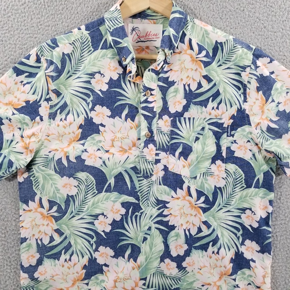 Chubbies Shirt Mens Medium Blue Floral Palm Reverse Print Popover Hawaiian Camp